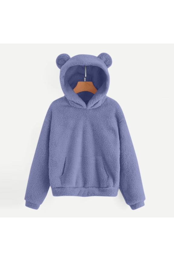 Womens Hoodies Sherpa Pullover Cute Teddy Bear Ear Fuzzy Fleece Sweatshirt Oversized Hoodie Warm Cozy Outerwear with Pockets Purple S