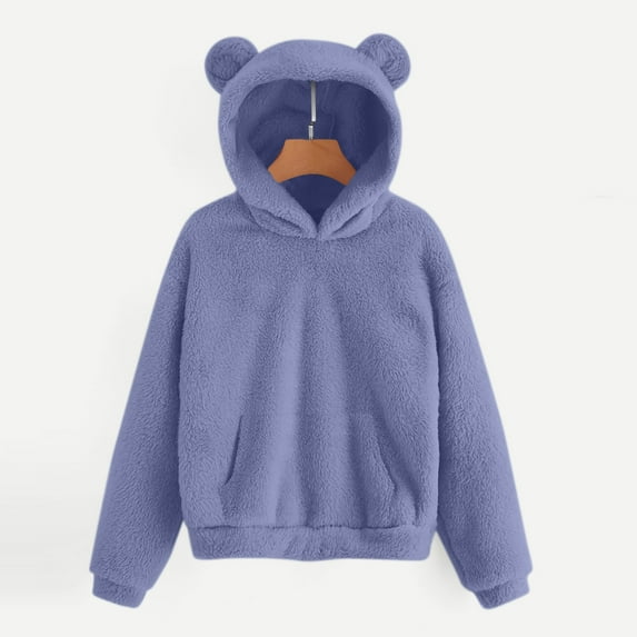 Fanxing Womens Hoodies Sherpa Pullover Cute Teddy Bear Ear Fuzzy Fleece Sweatshirt Oversized Hoodie Warm Cozy Outerwear with Pockets Purple S