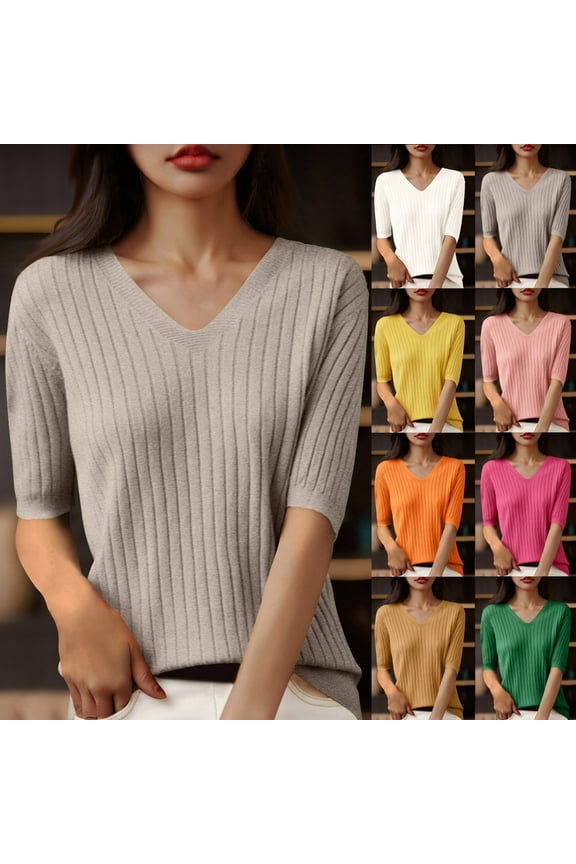 Womens Knitted Sweaters V Neck Short Sleeve Summer Tops Loose Fit Pullover Blouses Beige,XL