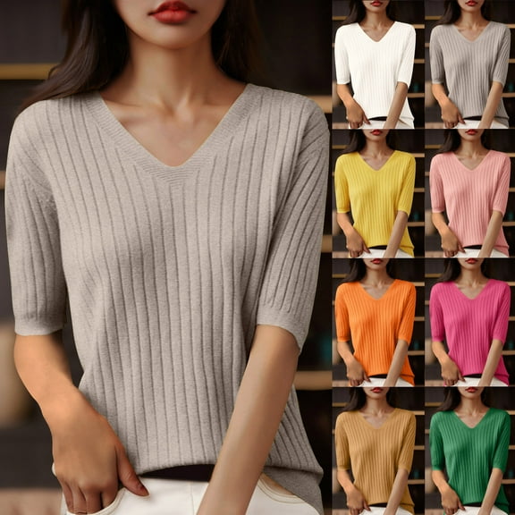 Fanxing Womens Knitted Sweaters V Neck Short Sleeve Summer Tops Loose Fit Pullover Blouses Pink,XL