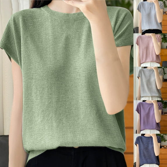 Fanxing Womens Knitted Tops Summer Short Sleeve T-Shirts Basic Solid Color Crewneck Pullover Blouses Khaki,XL