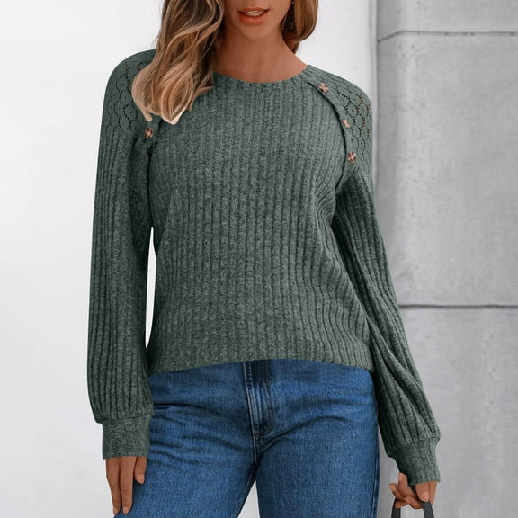 Fanxing Womens Lace Patchwork Pulover Sweater Casual Crew Neck Dressy Tunic Blouses Ribbed Knit Winter Tops Army Green 2XL