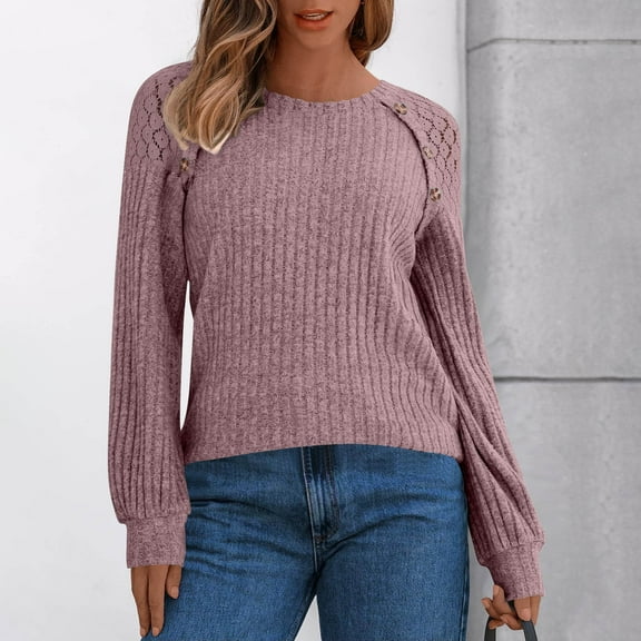 Fanxing Womens Lace Patchwork Pulover Sweater Casual Crew Neck Dressy Tunic Blouses Ribbed Knit Winter Tops Pink 2XL