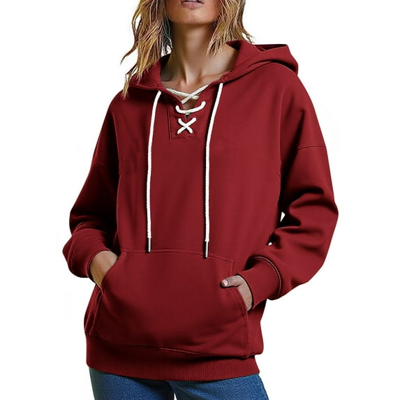 Fanxing Womens Lace Up Hoodies Criss Cross Oversized Hooded Sweatshirts Ladies Casual Loose Basic Tunic Pullover Tops Wine S
