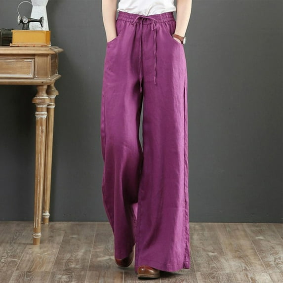Fanxing Womens Linen Palazzo Pants Plus Size Smocked High Waist Wide Leg Palazzo Beach Lounge Pants Trousers with Pockets Sale S,M,L,XL,XXL,XXXL,XXXXL