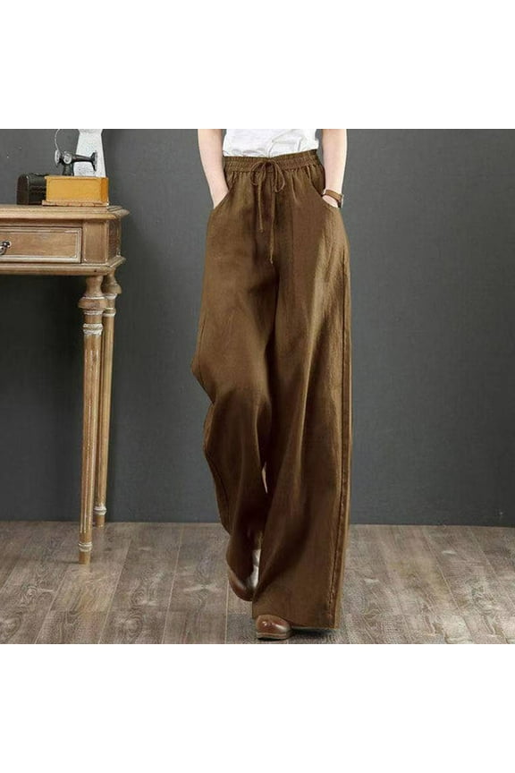 Womens Linen Palazzo Pants Plus Size Smocked High Waist Wide Leg Palazzo Beach Lounge Pants Trousers with Pockets S,M,L,XL,XXL,XXXL,XXXXL