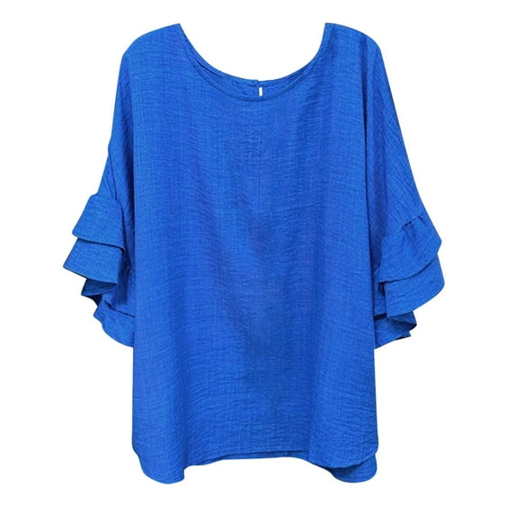 Fanxing Womens Linen Shirts 3/4 Sleeve T-Shirts Beach Vacation Summer Oversized Crewneck Tees Shirts Blue,M