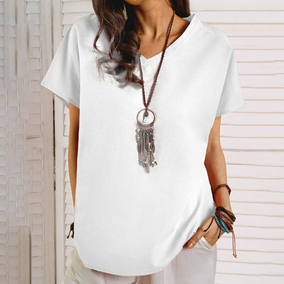 Fanxing Womens Linen Shirts Lightweight Short Sleeve Summer Tops Loose Fit Cotton Linen Tees Shirts S-2XL