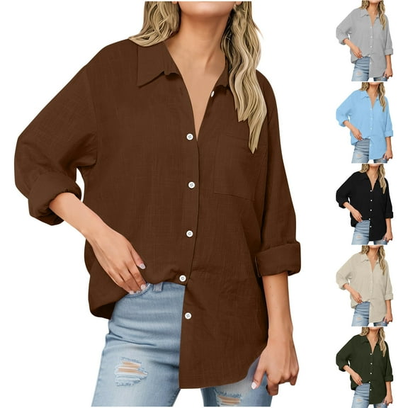Fanxing Womens Linen Shirts Plus Size Button Down Shirt Boho Casual Lightweight Tees Summer Long Sleeve Linen Cotton Work Tops Loose Fit Office Blouses S-5XL
