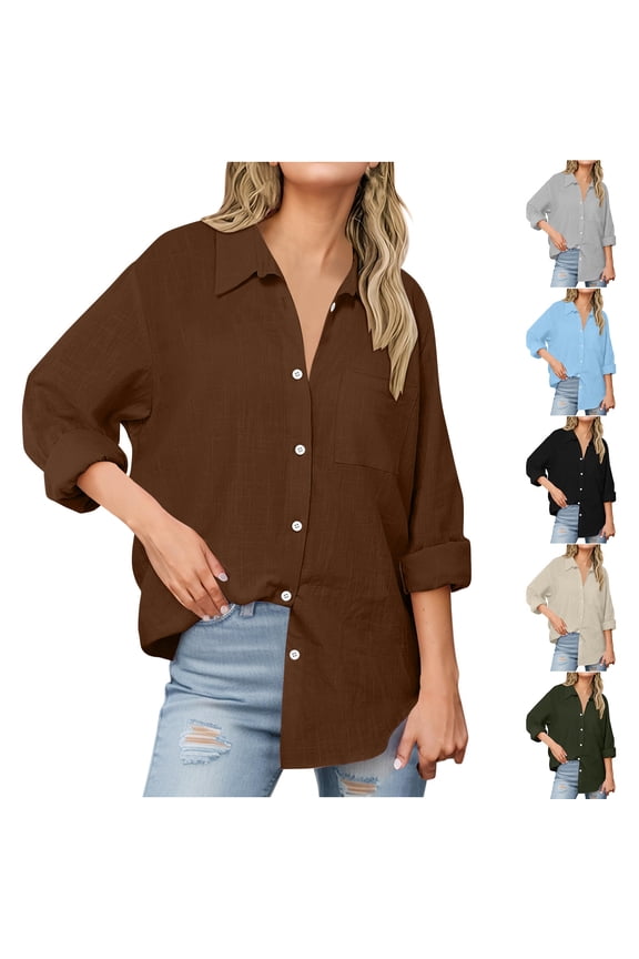 Womens Linen Shirts Plus Size Button Down Shirt Boho Casual Lightweight Tees Summer Long Sleeve Linen Cotton Work Tops Loose Fit Office Blouses S-5XL