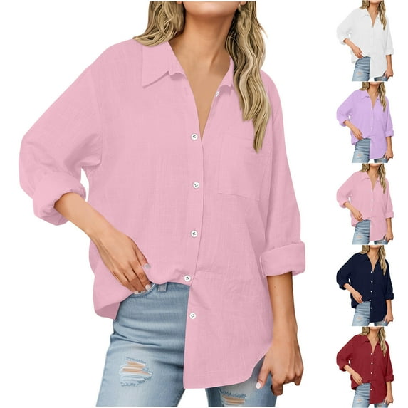 Fanxing Womens Linen Shirts Plus Size Button Down Shirt Boho Casual Lightweight Tees Summer Long Sleeve Linen Cotton Work Tops Loose Fit Office Blouses S-5XL