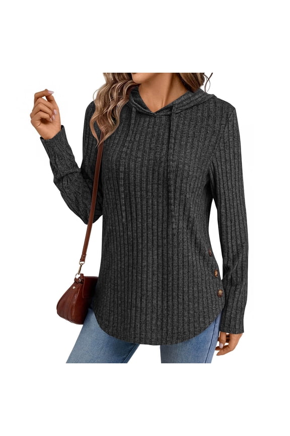 Womens Long Sleeve Shirts Knit Sweater Button Side Split Curved Hem Basic Loose Tunic Tops 2025 Black M