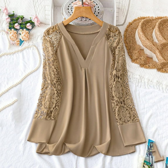 Fanxing Womens Long Sleeve Shirts Lace Tops Plus Size Solid Color Crochet Tees V-Neck Dressy Casual Trendy Tunic Blouses Khaki 3XL