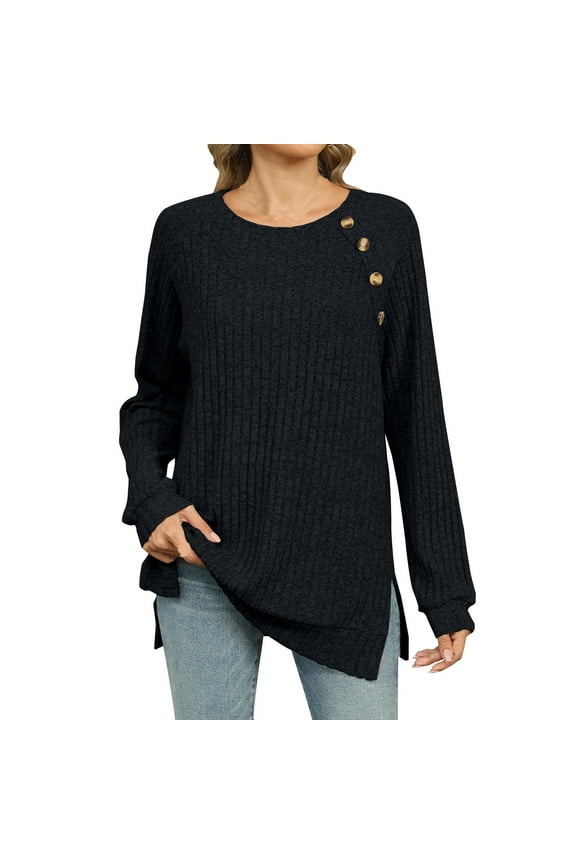 Womens Long Sleeve Tunic Tops Split Solid Tees Casual Crewneck Knitted Shirts Loose Fit Fall Blouses Clothes Orders Placed My Account Recently Today Black,S