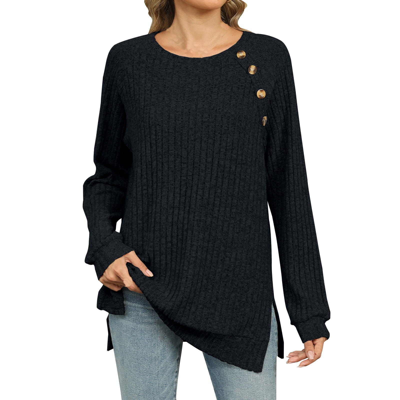 Split Solid Fanxing Womens Long Sleeve Tunic Tops Split Solid Tees Casual Crewneck ...