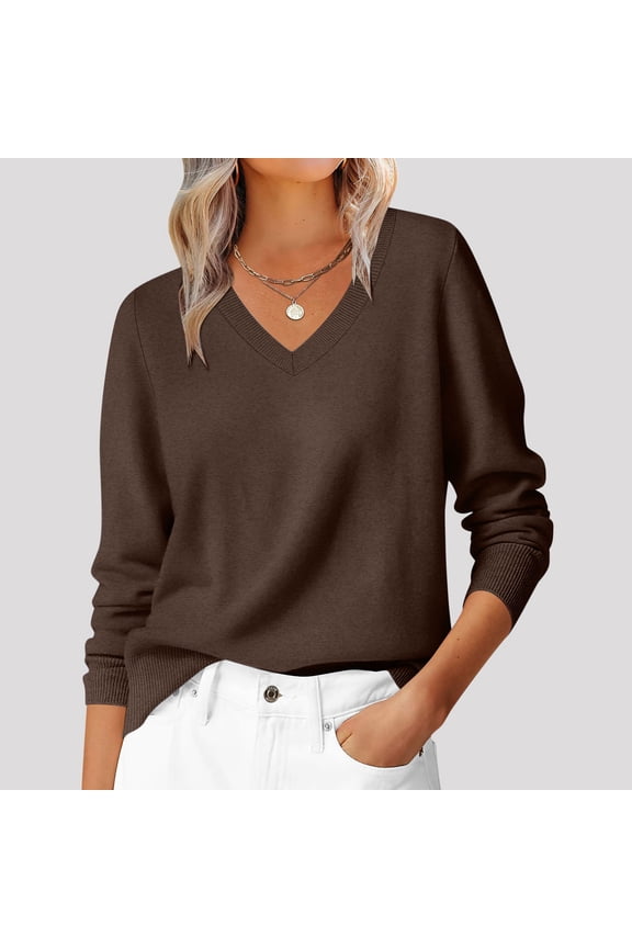 Womens Long Sleeve V Neck Sweaters Fall Casual Classic Soft Loose Fit Basic Pullover Jumper Top Brown M
