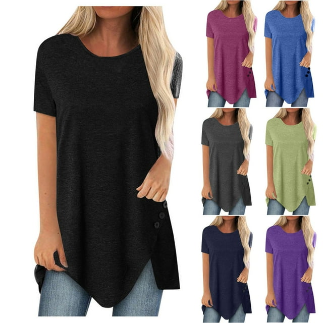 Fanxing Womens Long Tunic Tops to Wear With Leggings Long Tunic Shirts with Split Loose Fit Summer Short Sleeve Tees Shirts