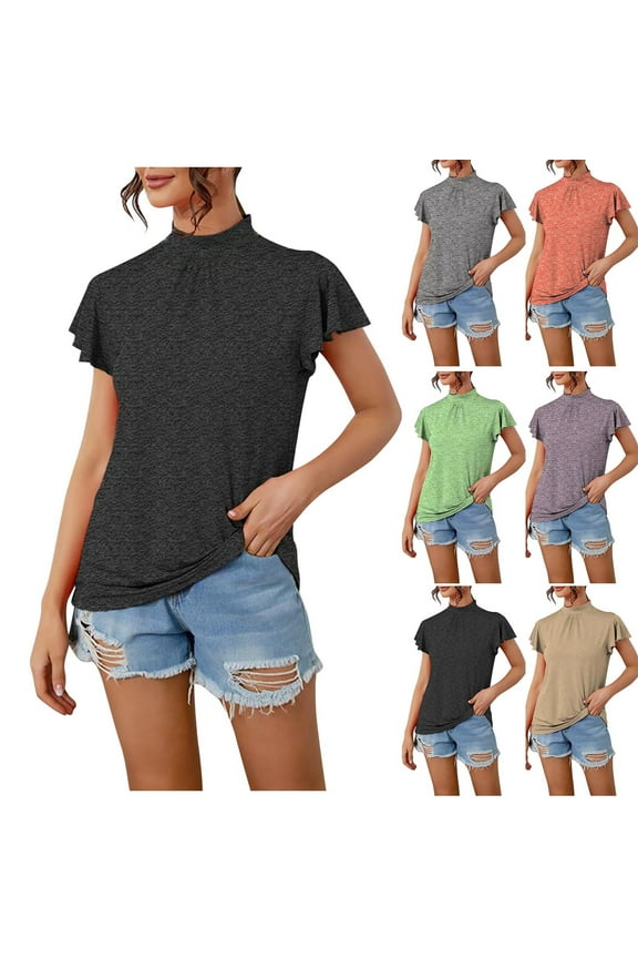 Womens Mock Turtleneck Shirts Ruffles Short Sleeve T Shirts Slim Fit Summer Tops Elegant Blouses Black,XXXL