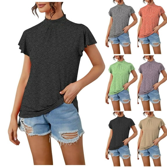 Fanxing Womens Mock Turtleneck Shirts Ruffles Short Sleeve T Shirts Slim Fit Summer Tops Elegant Blouses Green,XXL