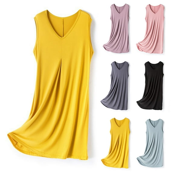 Fanxing Womens Nightgown Built in Bra Sleepwear Sleeveless Sleep Shirt V Neck Lace Nightshirts Yellow,L