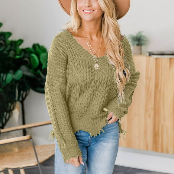 Fanxing Womens Off The Shoulder Pullover Sweater Loose Knitted Distressed V Neck Long Sleeve Ripped Crop Jumper Tops Beige 3XL