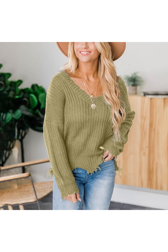 Womens Off The Shoulder Pullover Sweater Loose Knitted Distressed V Neck Long Sleeve Ripped Crop Jumper Tops Beige 3XL