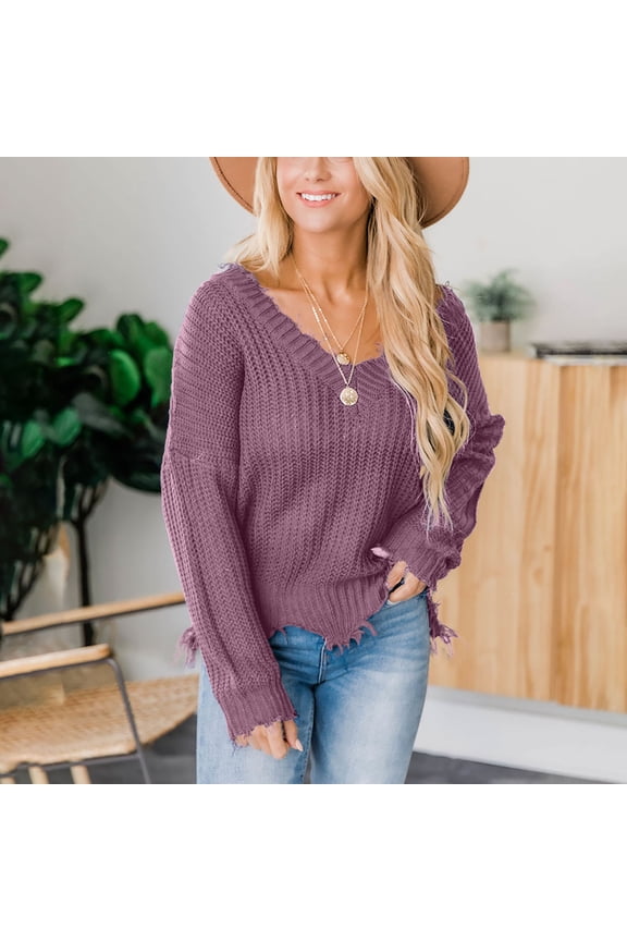 Womens Off The Shoulder Pullover Sweater Loose Knitted Distressed V Neck Long Sleeve Ripped Crop Jumper Tops Purple S