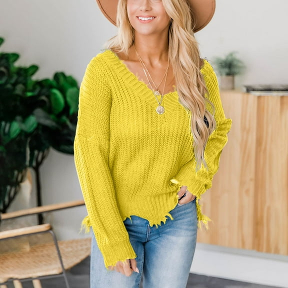 Fanxing Womens Off The Shoulder Pullover Sweater Loose Knitted Distressed V Neck Long Sleeve Ripped Crop Jumper Tops Yellow M