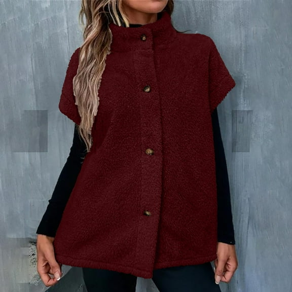 Fanxing Womens Oversized Fleece Vests Stand Coller Cap Sleeve Fuzzy Sherpa Jacket Trendy Casual Button Down Warm Vests Outerwear Red S