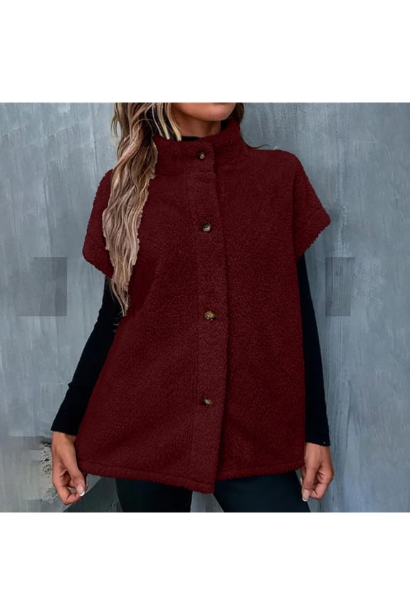 Womens Oversized Fleece Vests Stand Coller Cap Sleeve Fuzzy Sherpa Jacket Trendy Casual Button Down Warm Vests Outerwear Red S
