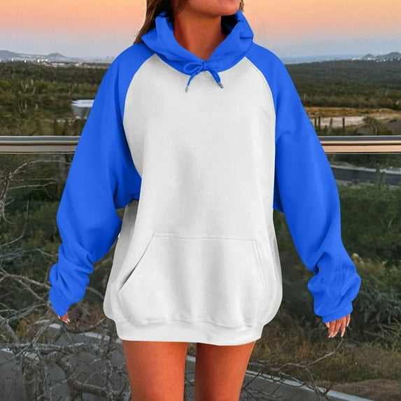 Fanxing Womens Oversized Hoodies Trendy Fleece Color Block Raglan Hooded Dress Sweatshirt Fall Winter Clothes with Pocket Blue 2XL