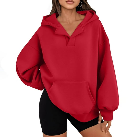 Fanxing Womens Oversized Hoodies with Thumb Hole Casual V Neck Fleece Lined Pullover Sweatshirts Fall Casual Y2k Outfits Clothes Red S