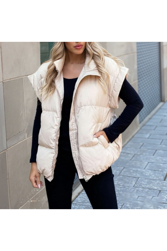Womens Oversized Puffer Vest Stand Collar Full Zip Sleeveless Bubble Jakcet Quilted Padded Warm Coat Outwear Beige L