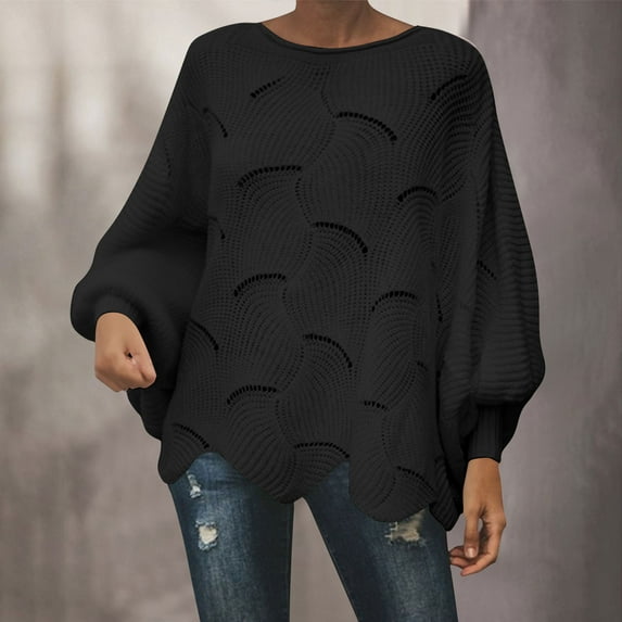 Fanxing Womens Oversized Pullover Sweaters Hollow Out Crochet Knit Tops Batwing Long Sleeve Boat Neck Irregular Hem Jumper Black 5XL