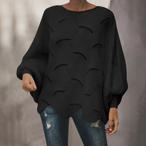 Fanxing Womens Oversized Pullover Sweaters Hollow Out Crochet Knit Tops Batwing Long Sleeve Boat Neck Irregular Hem Jumper Black 5XL