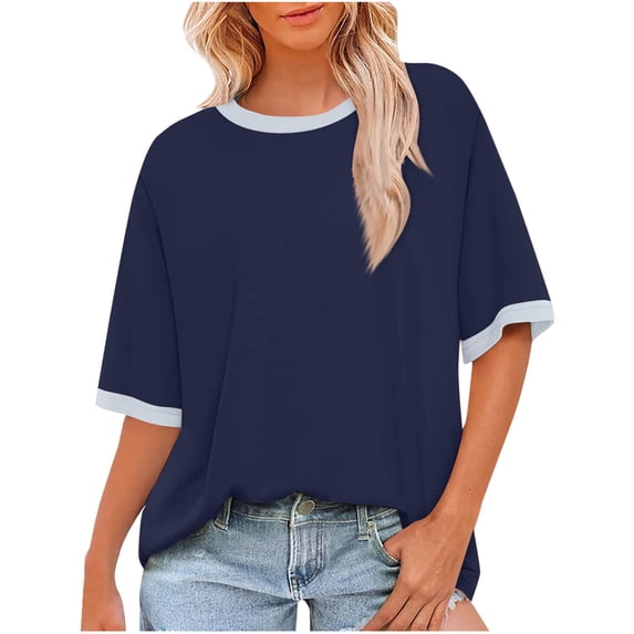 Fanxing Womens Oversized T-Shirts Trendy Color Block Graphic Tees Loose Fitting Short Sleeve Summer Tops Navy,M