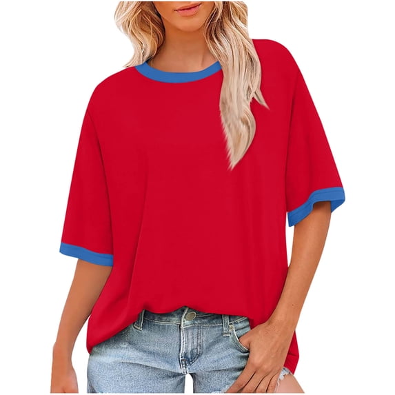 Fanxing Womens Oversized T-Shirts Trendy Color Block Graphic Tees Loose Fitting Short Sleeve Summer Tops Red,XL