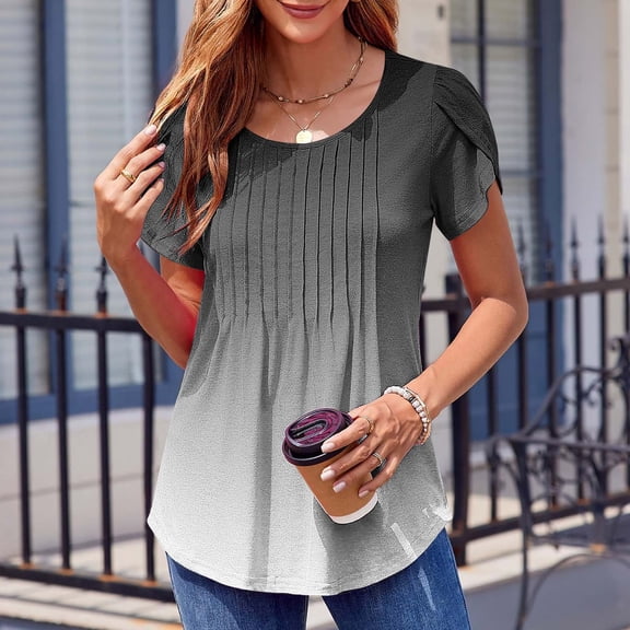 Fanxing Womens Petal Sleeve Tunic Tops Summer Dressy V Neck Pleated Blouses Loose Fit Short Sleeve Flowy Shirts Multicolor,XL