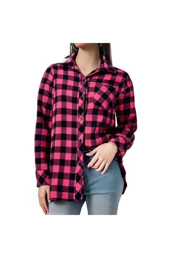 Womens Plaid Flannel Shacket Shirt Casual Cuffed Long Sleeve Boyfriend Tops Fall Winter Button Down Lapel Shirts Blouses Hot Pink L