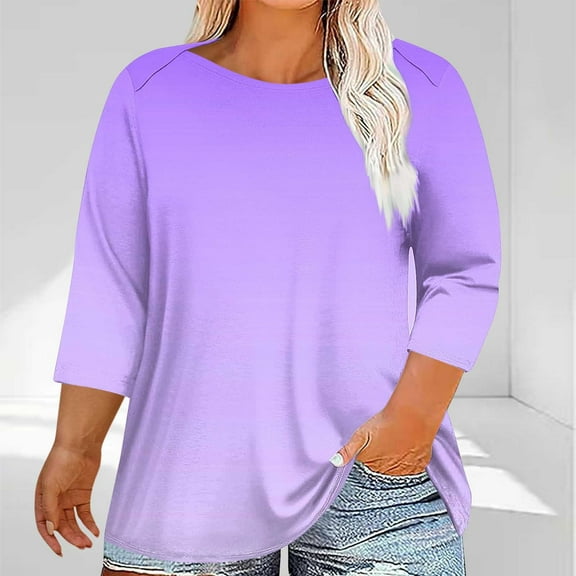 Fanxing Womens Plus Size 3/4 Length Sleeve Tops Trendy Casual Gradient Tshirts Crew Neck Loose Fit Tee Tunic Blouse Purple 4XL
