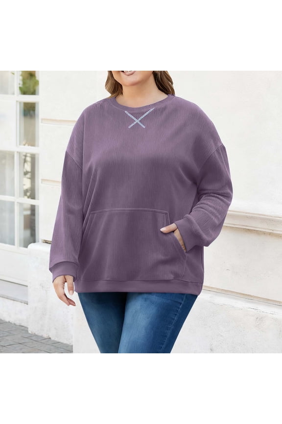 Womens Plus Size Corduroy Sweatshirt Oversized Fall Long Sleeve Pullover Corded Crewneck Sweater with Kangaroo Pocket Purple 4XL