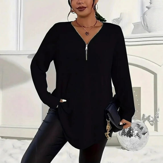 Fanxing Womens Plus Size Fall Tops 1/4 Zip Up Tunic Shirts Long Sleeve V Neck Casual Solid Color Oversized Curved Hem Comfy Blouses Black 4XL
