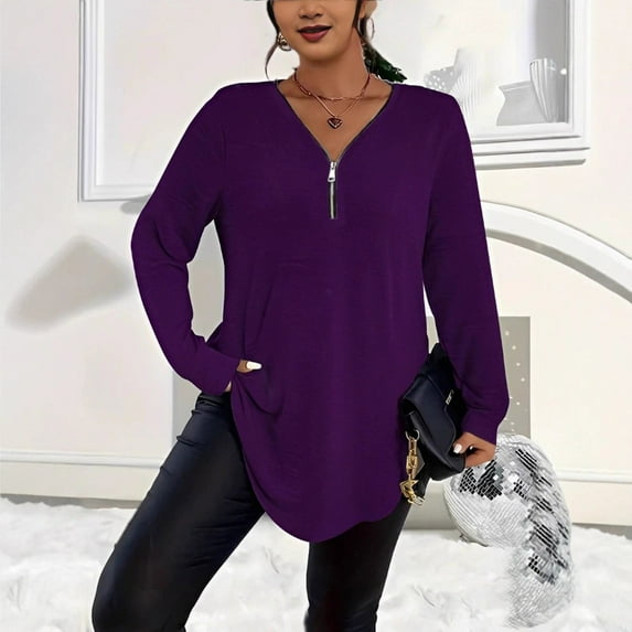 Fanxing Womens Plus Size Fall Tops 1/4 Zip Up Tunic Shirts Long Sleeve V Neck Casual Solid Color Oversized Curved Hem Comfy Blouses Purple 5XL