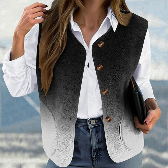 Fanxing Womens Plus Size Fannel Vests Sleeveless Fleece Gradient Jacket Christmas Button Down Collared Vest with Pocket Black M