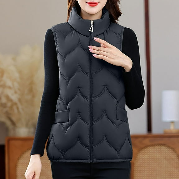 Fanxing Womens Plus Size Puffer Vests Sleeveless Cropped Quilted Jacket Stand Collar Zip Up Waistcoat Down Coat with Pocket Black 2XL