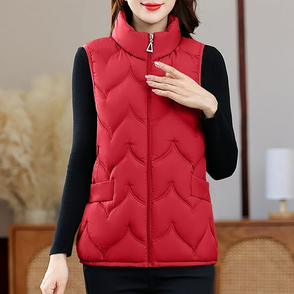 Fanxing Womens Plus Size Puffer Vests Sleeveless Cropped Quilted Jacket Stand Collar Zip Up Waistcoat Down Coat with Pocket Red 2XL
