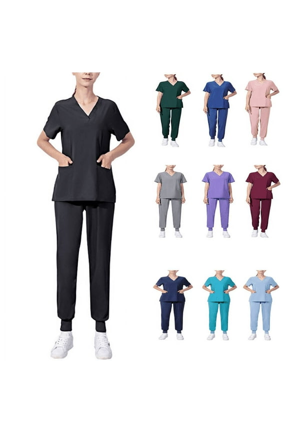 Womens Plus Size Scrubs Set 3xl Scrubs Uniform 2 Piece Outfits Scrubs Top and Pants V-Neck Top & Pocket Jogger Pants Workwear Gifts for Her S-5XL