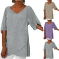 thumbnail image 1 of Fanxing Womens Plus Size Summer Tops Layered V Neck Guaze Shirts Loose Fitting Elbow Sleeve T Shirts Purple,M, 1 of 2