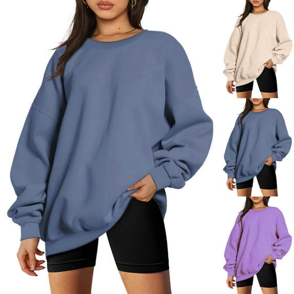 Fanxing Womens Plus Size Sweatshirts Trendy Oversized Long Sleeve Pullovers Basic Crewneck Fall Tops Casual Workout Fashion Casual Y2K Clothes Beige,S