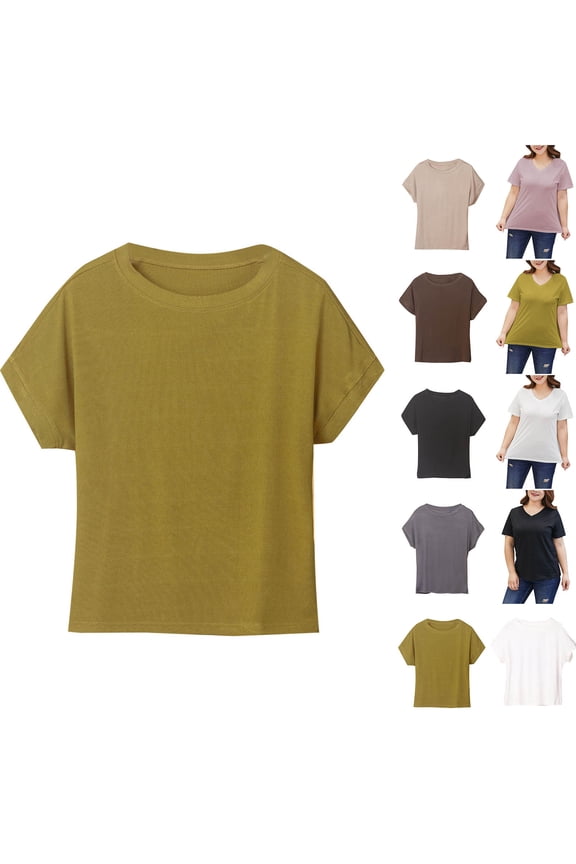 Womens Plus Size T-Shirts V Neck Short Sleeve Tees Shirts 2025 Summer Solid Color Basic Tops Slim Fit Casual Blouses Yellow,XXXXL